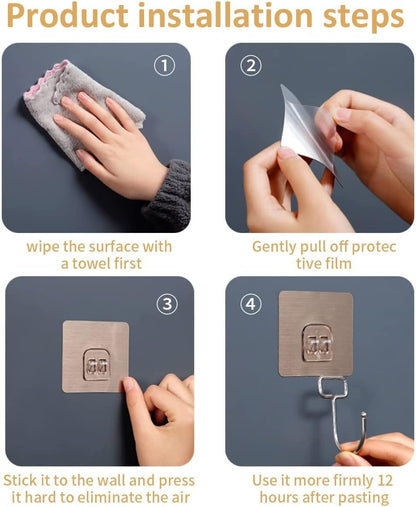 Large Adhesive Hooks 22Ib(Max),Waterproof and Rustproof Wall Hooks for Hanging Heavy Duty,Stainless Steel Towel and Coats Hooks to use Inside Kitchen Bathroom Home and Office 8 Pack (Transparent)