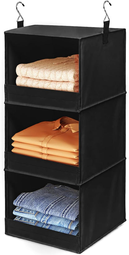 Lifewit 3 Tier Hanging Closet Storage Organizer for Shelves, Front Anti-Slip Clothes Storage Hanger with 2 Sturdy Hooks, Vertical Foldable Sweater Organization for Shlef, Wardrobe, Dorm, RV, Gray