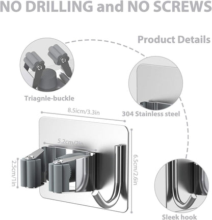 homeasy Mop Broom Holder No Drill, Mop Broom Organizer Wall Mounted Heavy Duty with Hooks Hanger, Self Adhesive Stainless Steel 4Pcs for Bathroom, Kitchen, Office (Silver)