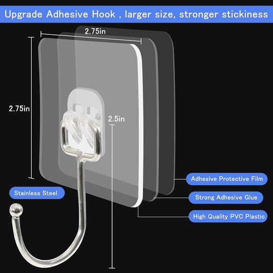 10 Packs Large Wall Hooks for Hanging Heavy Duty 33lb(Max), Waterproof Transparent Adhesive Wall Hooks Wall Hangers Without Nails Sticky Hooks for Bathroom Shower Kitchen Door Utility Hooks Hanger
