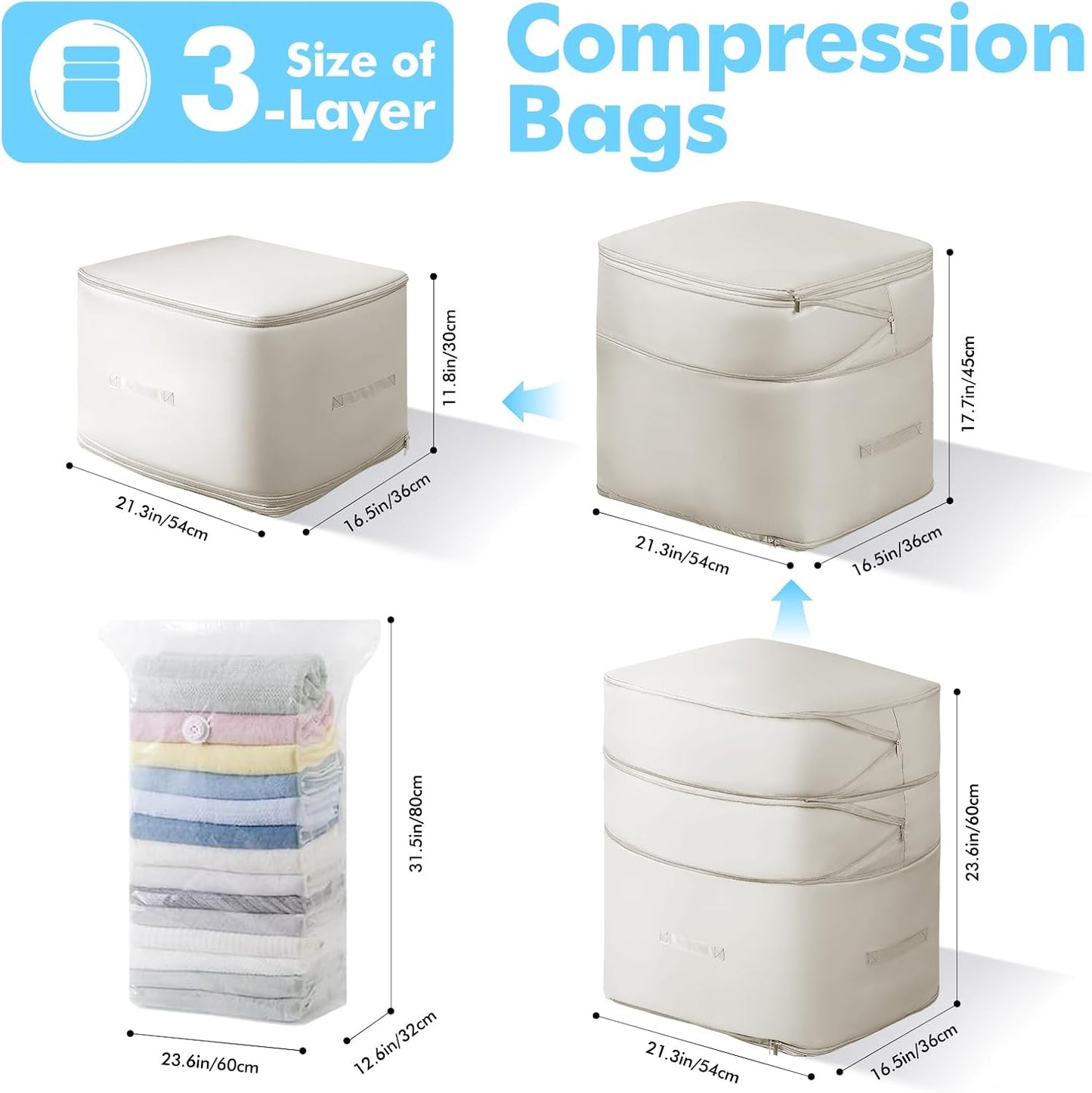 Comforter Storage Bag-Ultra Space Saving Large Self Compression Organizer for Comforters and Blanket,3-Layer Zipper Self-Compressing Organizer for Storage Bedding. (Gray, 2 Pack)