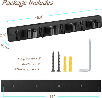 OUTNILI Mop and Broom Holder Wall Mount - Wood Broom Mop Hanger - Wall Mounted Garden Tool Rack Organizer for Closet Garage Laundry Room for Rustic Kitchen Decor With 5 Slots & 4 Hooks