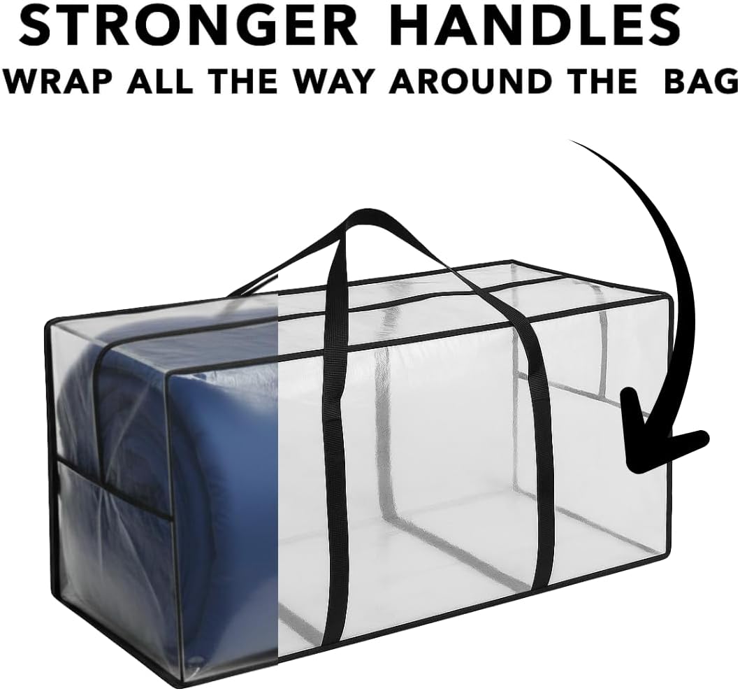 68.5 GAL 2 Pack XXL Jumbo Extra Large Heavy Duty Stronger Handles Storage Bags Moving Totes Zippered Reusable Wrap Around Handle Storage Totes (Translucent/Semi-Transparent)