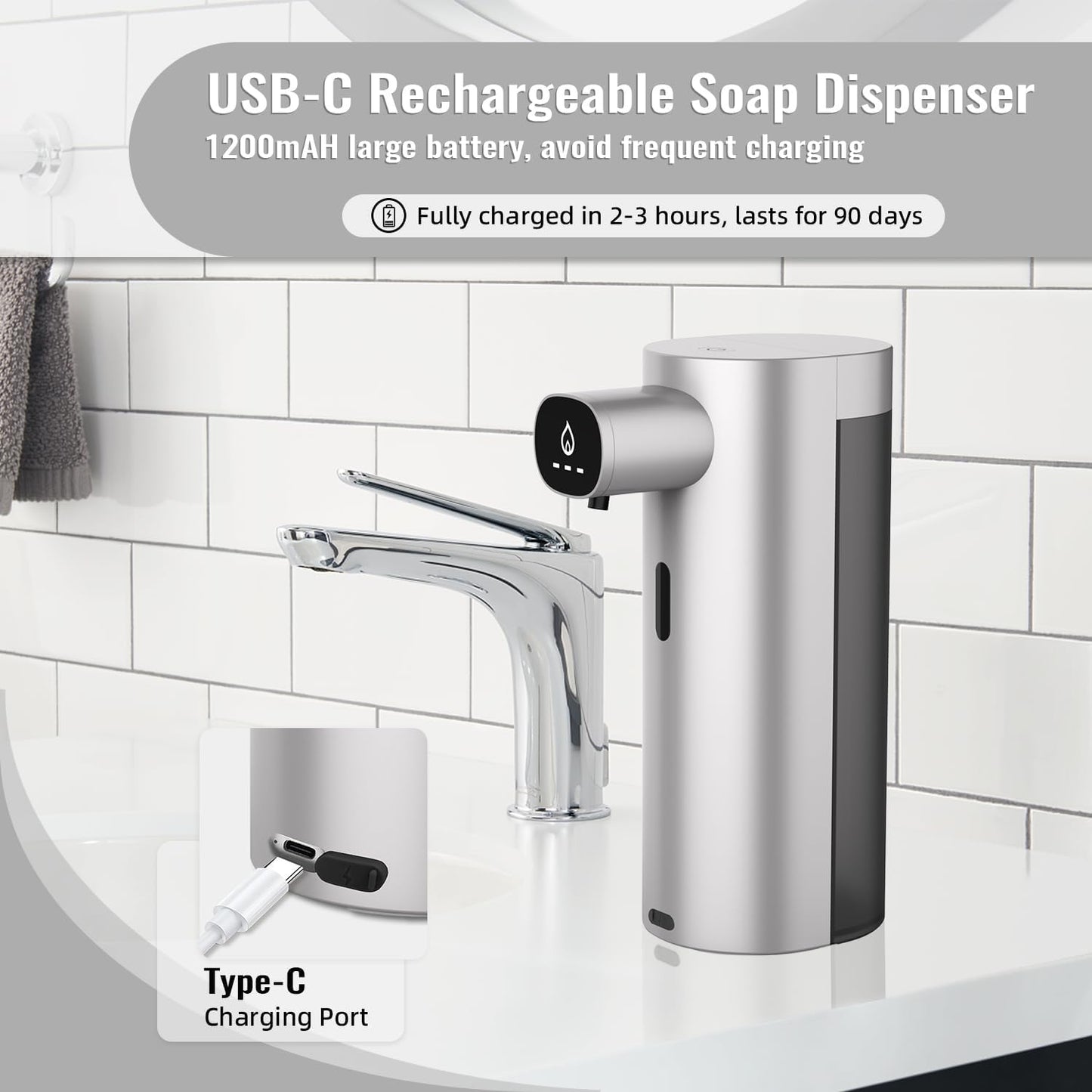 Automatic Liquid Soap Dispenser Touchless, USB Rechargeable Smart Hand Soap Dispenser, 13.5oz/400ml, 3-Level Adjustable, Compatible with Thick Thin Dish Soap for Bathroom Kitchen, Clog-Free (Silver)