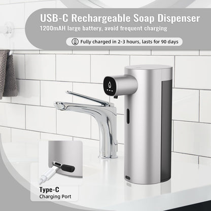 Automatic Liquid Soap Dispenser Touchless, USB Rechargeable Smart Hand Soap Dispenser, 13.5oz/400ml, 3-Level Adjustable, Compatible with Thick Thin Dish Soap for Bathroom Kitchen, Clog-Free (Silver)