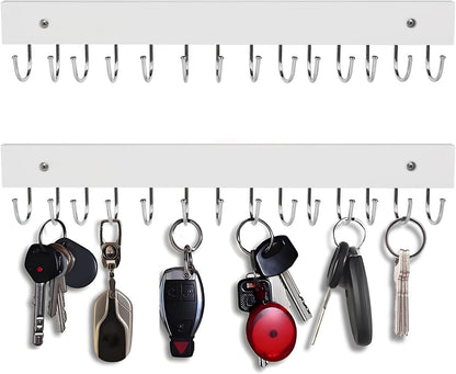 2Pack Key Holder Wall Mount with 28 Rotating 180° Key Hooks, 14.6" Rustproof Organizer Hanger for Apartment Decor, Wall Storage Rack for Entryway, Living Room, Hallway, Bathroom, Kitchen(White)