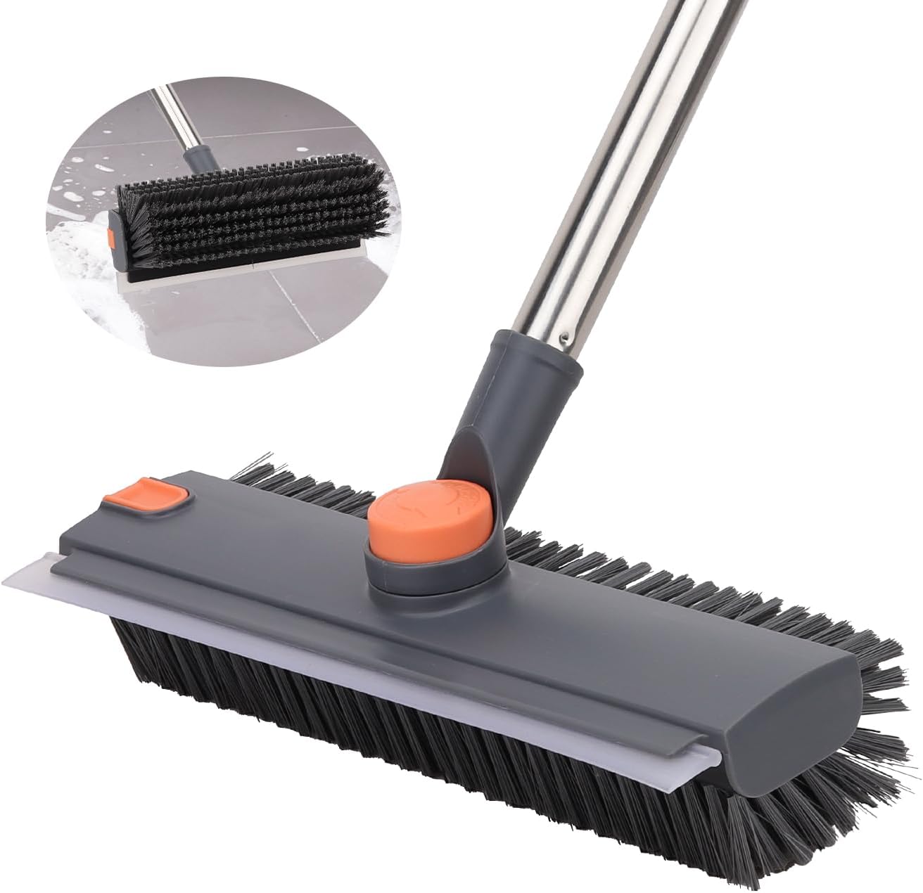 Floor Scrub Brush with 64" Long Handle - 360° Swivel Heads Household Push Brush with Squeegee and Right Angled Bristle for Cleaning Concrete Floors Grout Gardens Patio Deck Concrete Garage Heavy Duty
