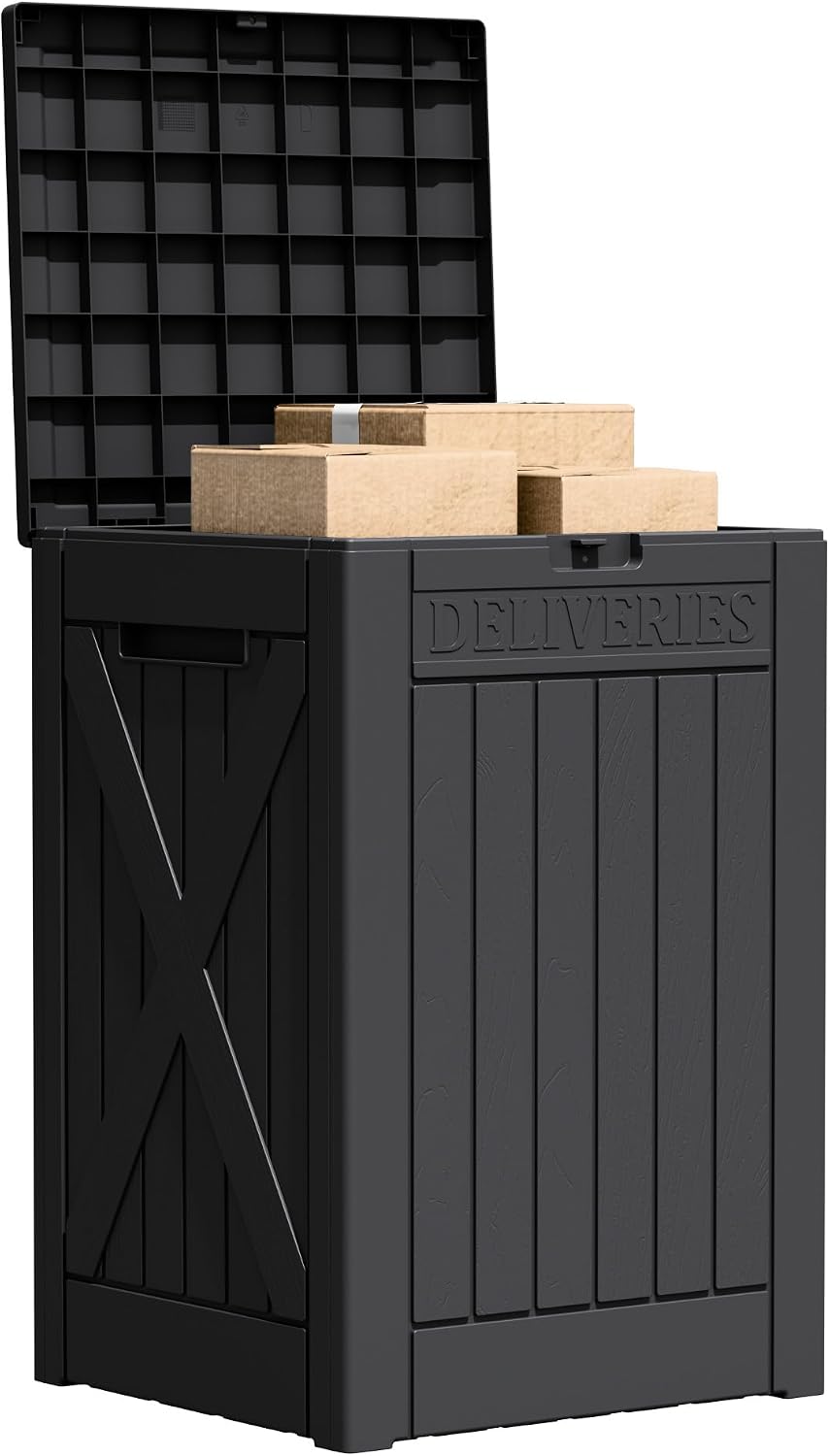 Flamaker Resin Deck Box 120 Gallon Waterproof Large Outdoor Indoor Storage Box Imitation Wood Resin for Patio Furniture Garden Tools and Pool (Black)