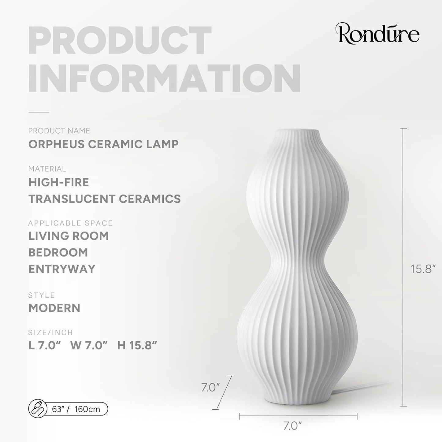 RONDURE Modern Ceramic Decorative Table Lamp Living Room Bedroom Bedside | Handcrafted Unique Warm Ambient Lighting Lamp, Accent White Translucent Ceramic shade, Fully Dimmable, Corded, Bulb Included
