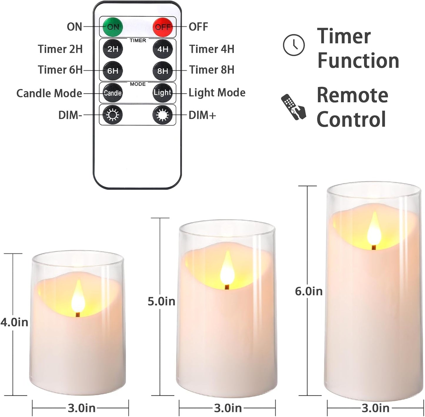 NURADA Flameless Candles with Remote Timer - Glass Real Wax 3D Wick LED Pillar Votive Candle Set Battery Operated Flickering Light for Home Christmas Decoration - White 3 Pack