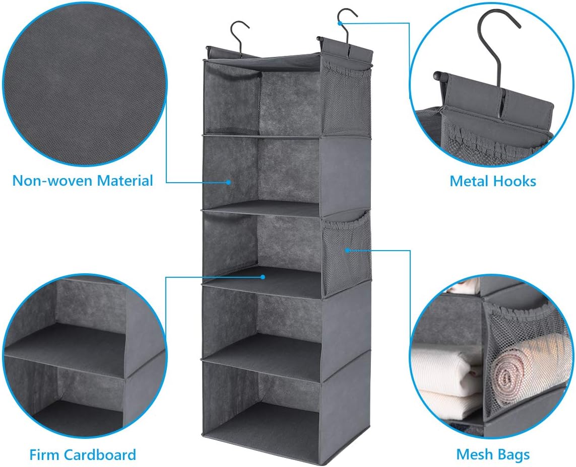 MAX Houser 4-Shelf Hanging Closet Organizer, Space Saver, Cloth Hanging Shelves with 2 Side Pockets, Foldable (Beige)