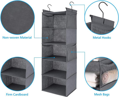 MAX Houser 4-Shelf Hanging Closet Organizer, Space Saver, Cloth Hanging Shelves with 2 Side Pockets, Foldable (Beige)