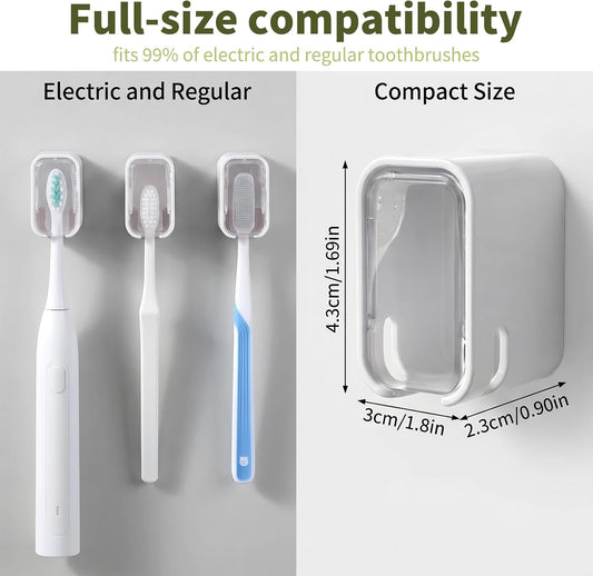 2PCS Toothbrush Wall Mount for Shower Clear Self Adhesive Toothbrush Holder Hanging Innovation Single Slot Design Wall Hanging Toothbrush-Holder with Cover for Bathroom Family Travel