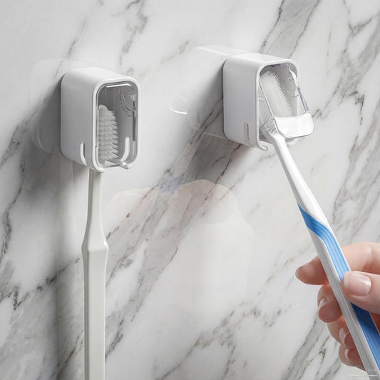 2 PCS Wall Mounted Toothbrush Holders Single Slot Toothbrush Holders with Cover for Shower Electric Toothbrushes Home Travel Storage (White)