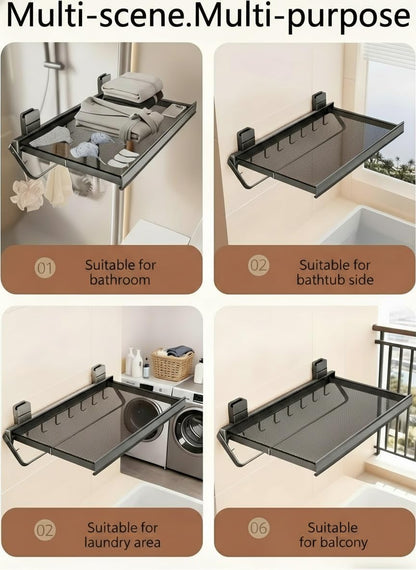Indoor Clothes Drying Rack Foldable,Wall Mounted Retractable | with Foldable Towel Bar,6 Movable Hooks and Underwear Drying Net