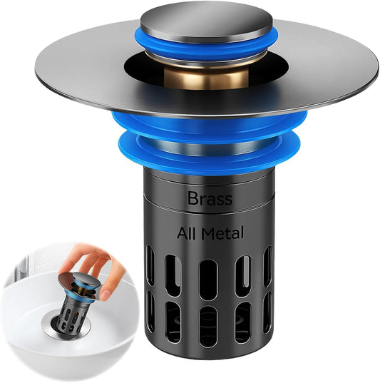 (All Metal) Bathroom Sink Stopper, Pop Up Drain Strainer for Bathroom Sink, Sink Plug Hair Catcher, Silent Popper Core w/Removable Filter Basket,Fit 1.05~2.0''Basin (Chrome, 1 Pack)