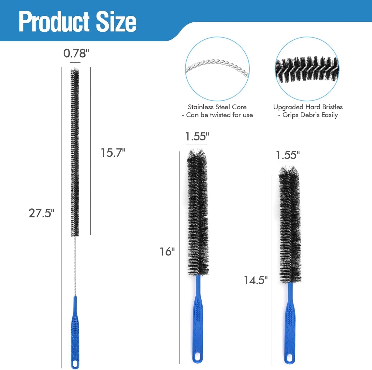 3PCS Drain Brush Set with Refrigerator Coil Cleaning Brush, Multi-Use Drain Cleaning Brush Kit for Kitchen Sink, Bathroom Drains & Surface Clog Removal