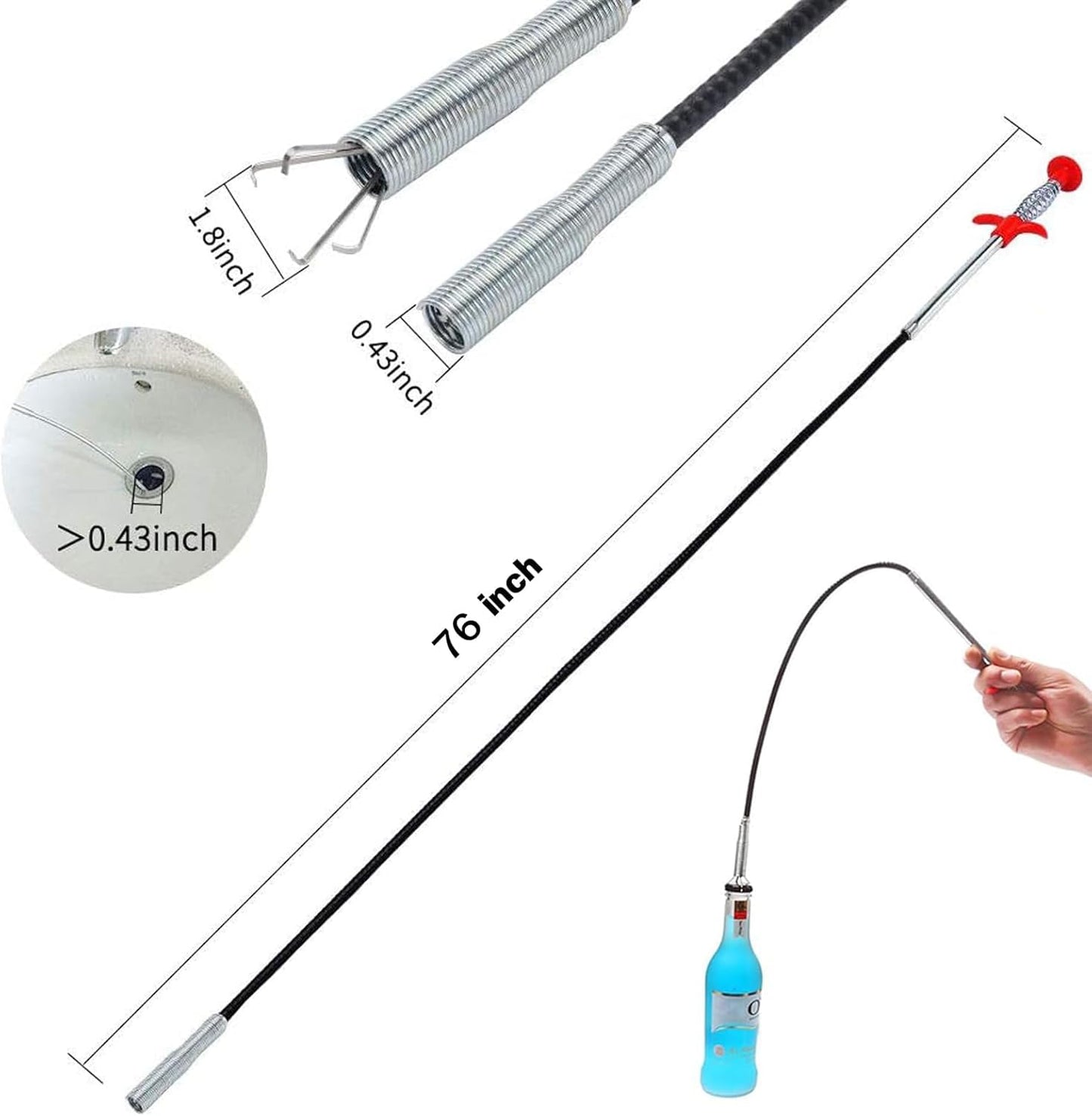 Upgrade 33 Inch Drain Snake Clog Remover with Stronger Claw, Flexible Grabber Tool with Bonus 60 Inch Drain Brush
