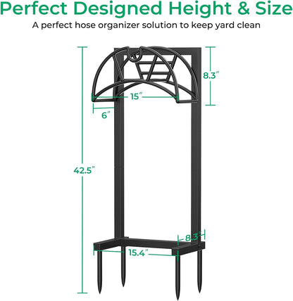 TomCare Garden Hose Holder 4 Spikes Garden Hose Reel Hose Stand Upgraded Water Hose Storage with Tool Hooks Garden Hose Hanger Organizer Holds 160ft Hoses for Outside Yard Lawn, Black