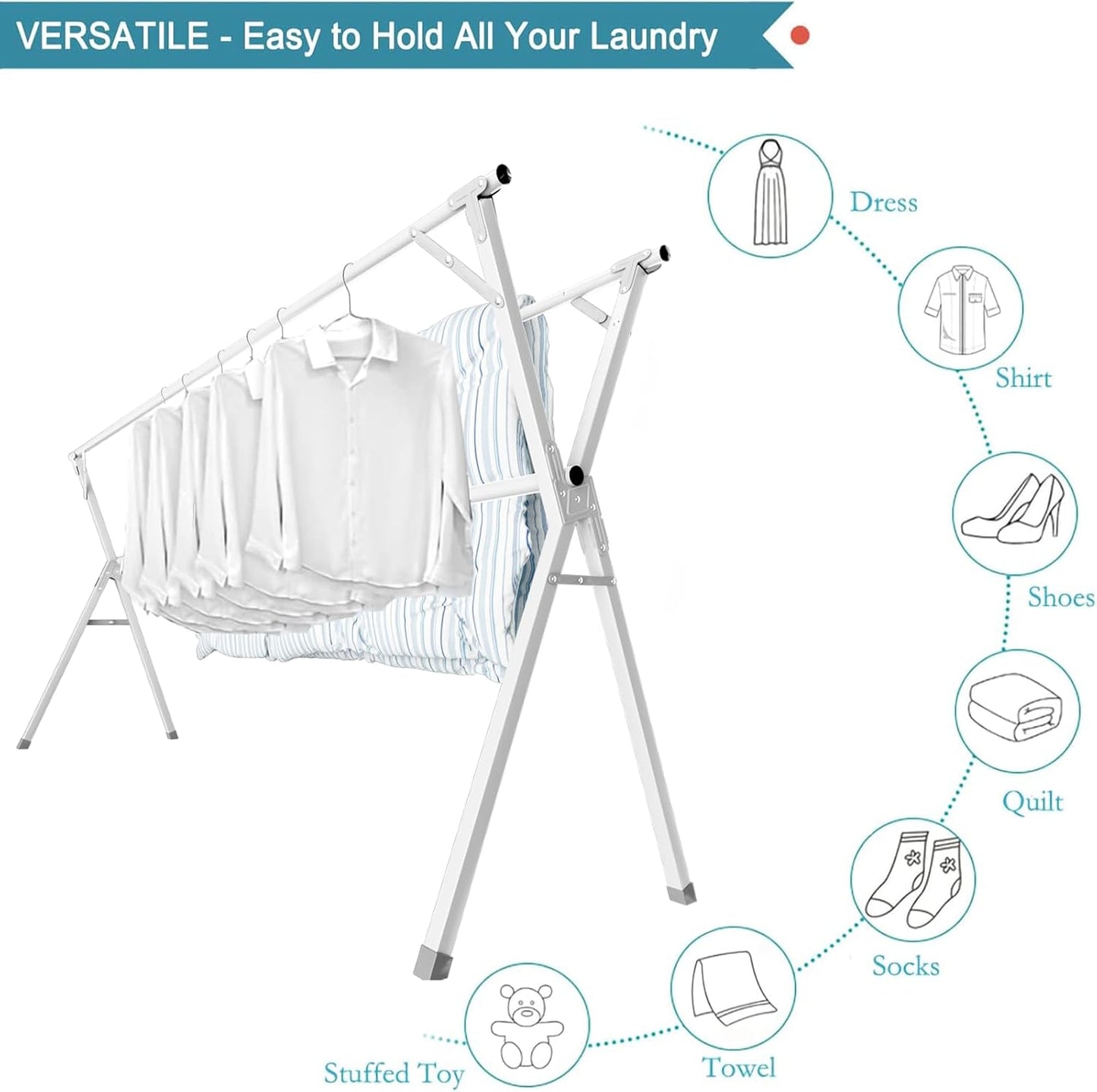 JAUREE 95 Inches Clothes Drying Rack, Drying Rack Clothing Folding Indoor Outdoor, Heavy Duty Stainless Steel Laundry Rack, Foldable Portable Large Clothes Rack Garment Rack with 20 Windproof Hooks