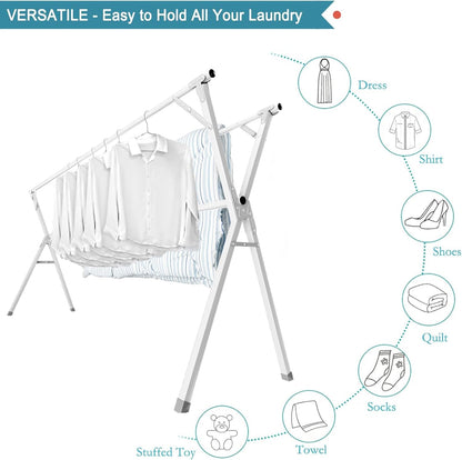 JAUREE 95 Inches Clothes Drying Rack, Drying Rack Clothing Folding Indoor Outdoor, Heavy Duty Stainless Steel Laundry Rack, Foldable Portable Large Clothes Rack Garment Rack with 20 Windproof Hooks