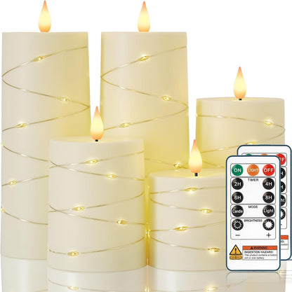 Raycare Flameless Candles with Remote Timer, Flickering Battery Operated LED Pillar Fake Candle with String Lights for Home Decor, Christmas, Wedding and Gift, White, Set of 3