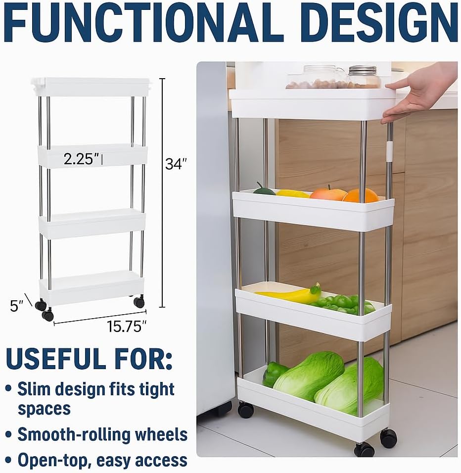 Modern Home 4-Tier Rolling Storage Cart with Bins – Slim Organizer for Bathroom, Kitchen, Laundry & Pantry – Mobile Utility Shelves with Wheels