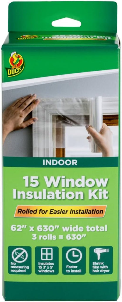 Duck Brand Winter Window Insulation Kit – Window Seal Rolled Shrink Film Covers Up to 15 3’ x 5’ Windows – Window Tape Included – Easy Indoor Installation - Clear - 15-Pack (288069)