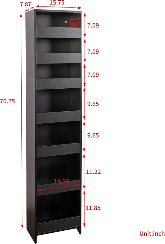 71" Tall Narrow Pantry Cabinet on Wheels, 7 Tier Slim Pull Out Pantry Cabinet 7.87"W Rolling Spice Rack Next to Fridge, Rolling Kitchen Storage Shelf with Handle for Narrow Small Space (Walnut)
