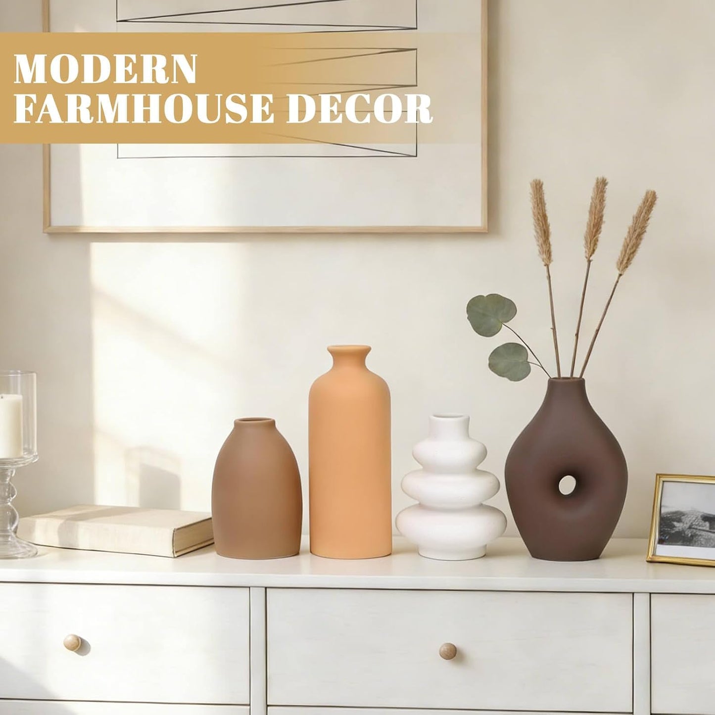 Ceramic Vase Set of 4 Modern Farmhouse Decor Vases for Home Table Centerpiece - Rustic Flower Vases for Living Room Kitchen Shelf Bedroom Office Bathroom Dining and Coffee Table Decor