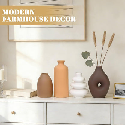 Ceramic Vase Set of 4 Modern Farmhouse Decor Vases for Home Table Centerpiece - Rustic Flower Vases for Living Room Kitchen Shelf Bedroom Office Bathroom Dining and Coffee Table Decor