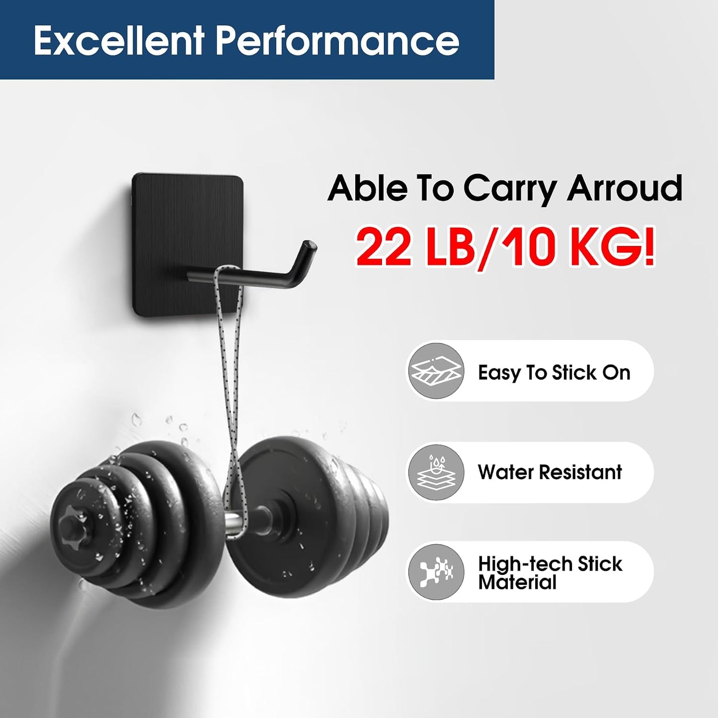 Hawsam 6 Pack Self Adhesive Wall Hooks for Hanging Heavy Duty 44LB(Max) Adhesive Towel Hooks 304 Stainless Steel Sticky Hooks for Robe Coat, Waterproof Shower Hooks for Bathroom Kitchen