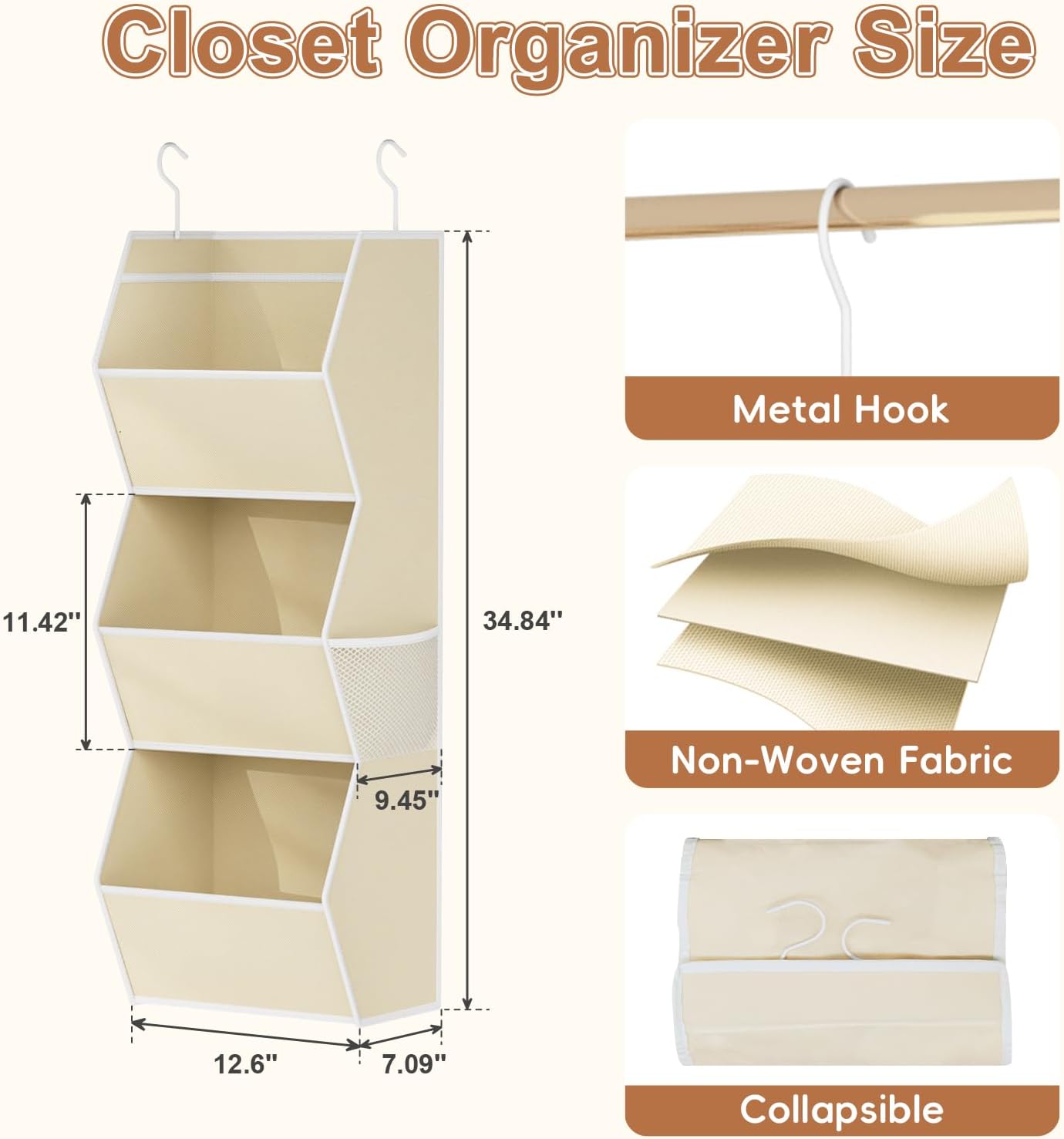 Hanging Closet Organizer 4 Shelf Collapsible Bedroom Closet Organizers and Storage Hanging with Mesh Pockets for Clothes, Fabric Hanging Storage Bins for Wardrobe Closet Organization and Storage, Grey