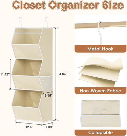Hanging Closet Organizer 4 Shelf Collapsible Bedroom Closet Organizers and Storage Hanging with Mesh Pockets for Clothes, Fabric Hanging Storage Bins for Wardrobe Closet Organization and Storage, Grey