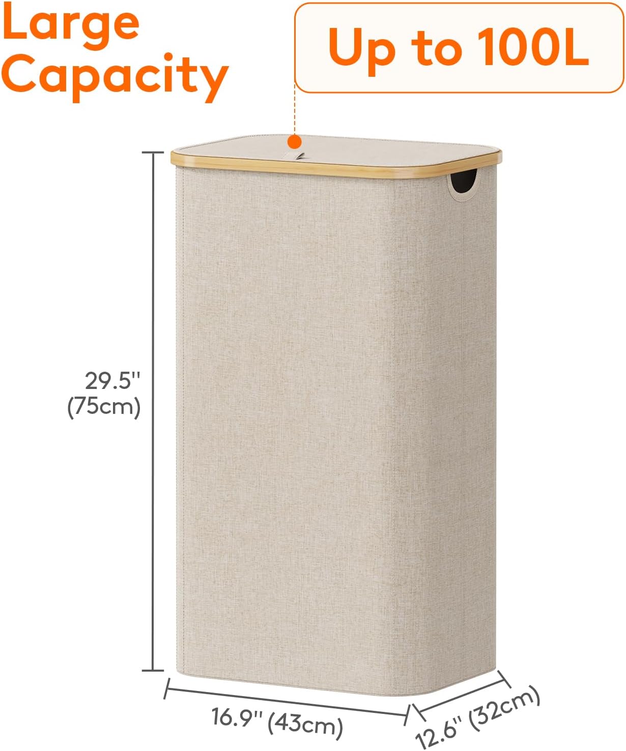 Lifewit 120L Laundry Basket with Lid, Clothes Hampers for Laundry with Bamboo Handles and 2 Removable Bag, Large Foldable Laundry Hamper for Bedroom, Bathroom, Dorm, Laundry Room, Beige