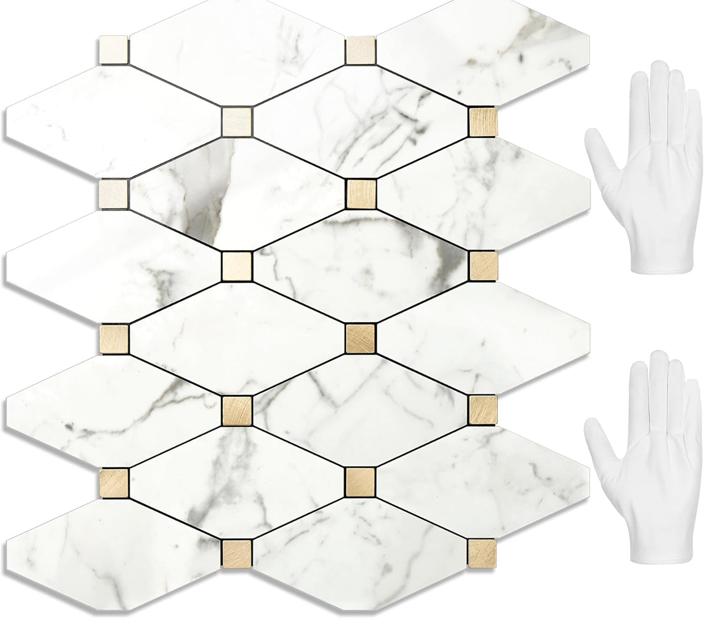 STICKGOO 10 Sheets Peel and Stick Backsplash, Polished Dolomite PVC Mixed Metal Gold Kitchen Backsplash, Stick on Backsplash Wall Tiles for Kitchen, Bathroom, RV