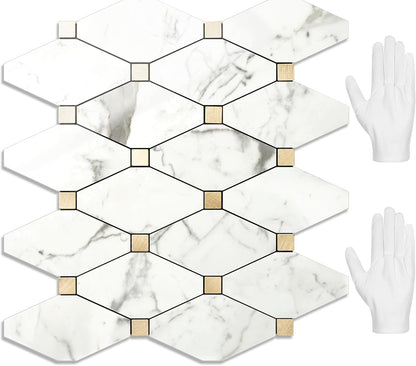 STICKGOO 10 Sheets Peel and Stick Backsplash, Polished Dolomite PVC Mixed Metal Gold Kitchen Backsplash, Stick on Backsplash Wall Tiles for Kitchen, Bathroom, RV