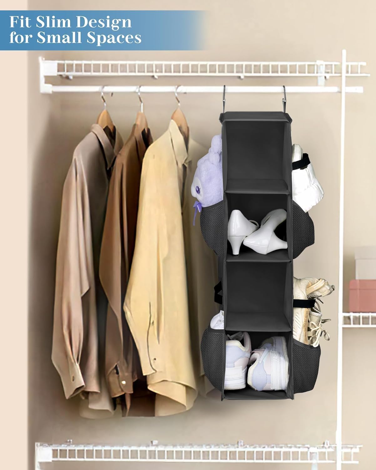 SLEEPING LAMB Short Hanging Shoe Organizer for Closet Storage with Mesh Side Pockets Holds 8 Pairs, Hanging Shoe Rack Hanger RV, Camper, Grey