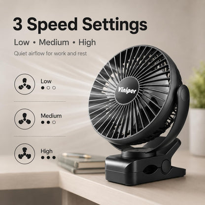 Viniper 6 inch Rechargeable Clip on Fan, 5000mah Battery Desk Fan : 360° Rotation & 3 Speeds Strong Wind Portable Fan, 8-30 Working Hours, Quiet and Powerful (Black)