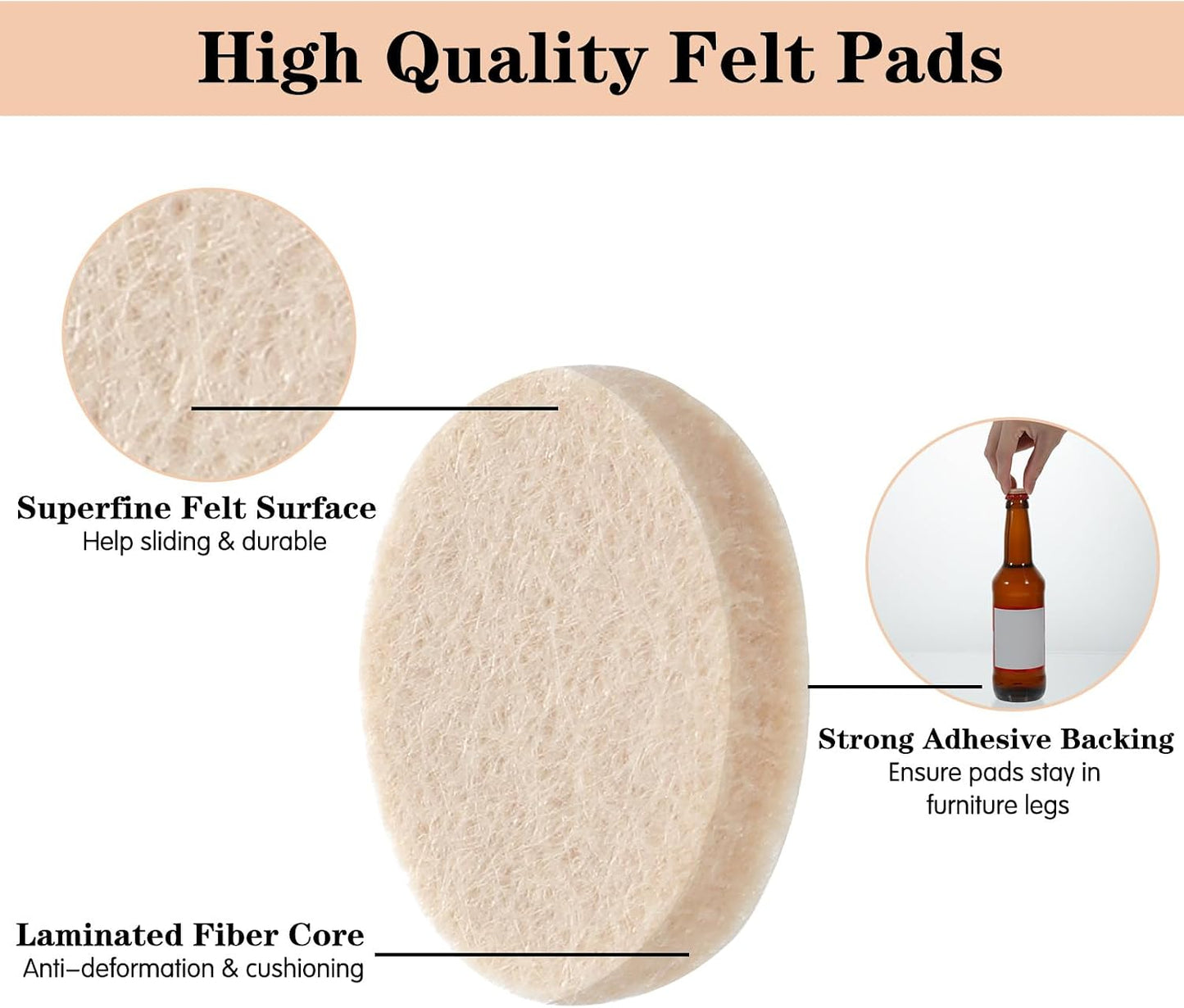 96 Pcs Felt Furniture Pads for Hardwood Floors, Self Adhesive Chair Leg Floor Protectors Non Slip Anti Scratch Felt Pads for Furniture Feet, 3/4" Round, Beige