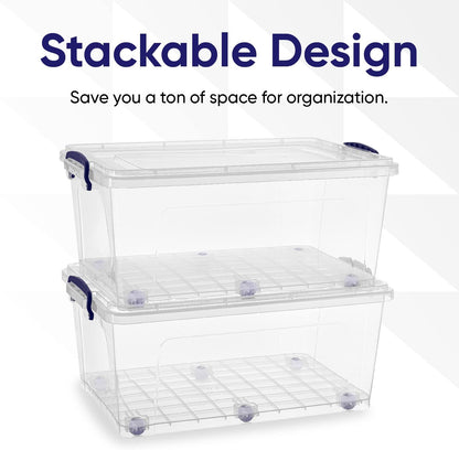 Superio Under Bed Storage Containers with Wheels (2 Pack), Flat Clear Storage Bin Stackable Large Storage Latch Box with Lids Store Cloths, Bedding, Linen, For Under The Bed, Garage, Home