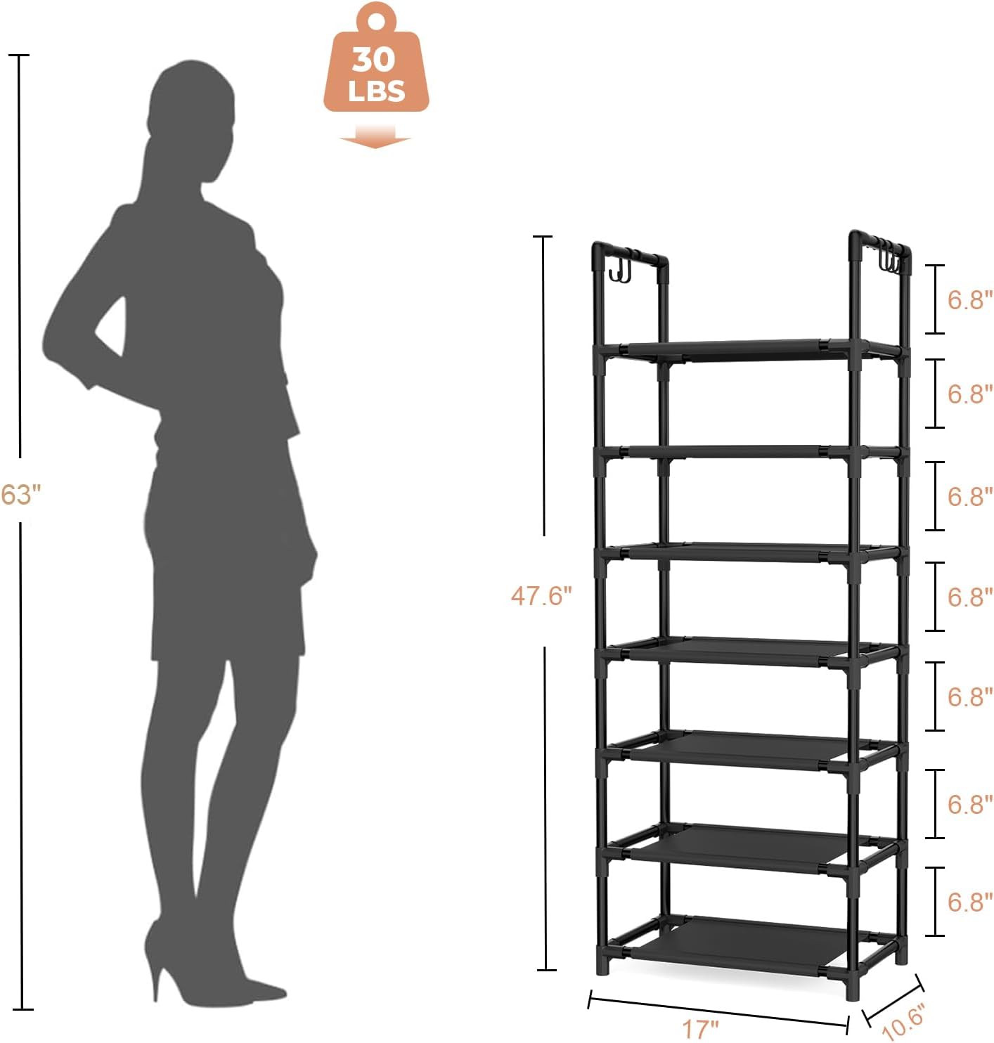 LANTEFUL 10 Tiers Tall Shoe Rack 20-25 Pairs Boots Organizer Storage Sturdy Narrow Shoe Shelf for Entryway, Closets with Hooks, Black