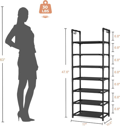LANTEFUL 10 Tiers Tall Shoe Rack 20-25 Pairs Boots Organizer Storage Sturdy Narrow Shoe Shelf for Entryway, Closets with Hooks, Black