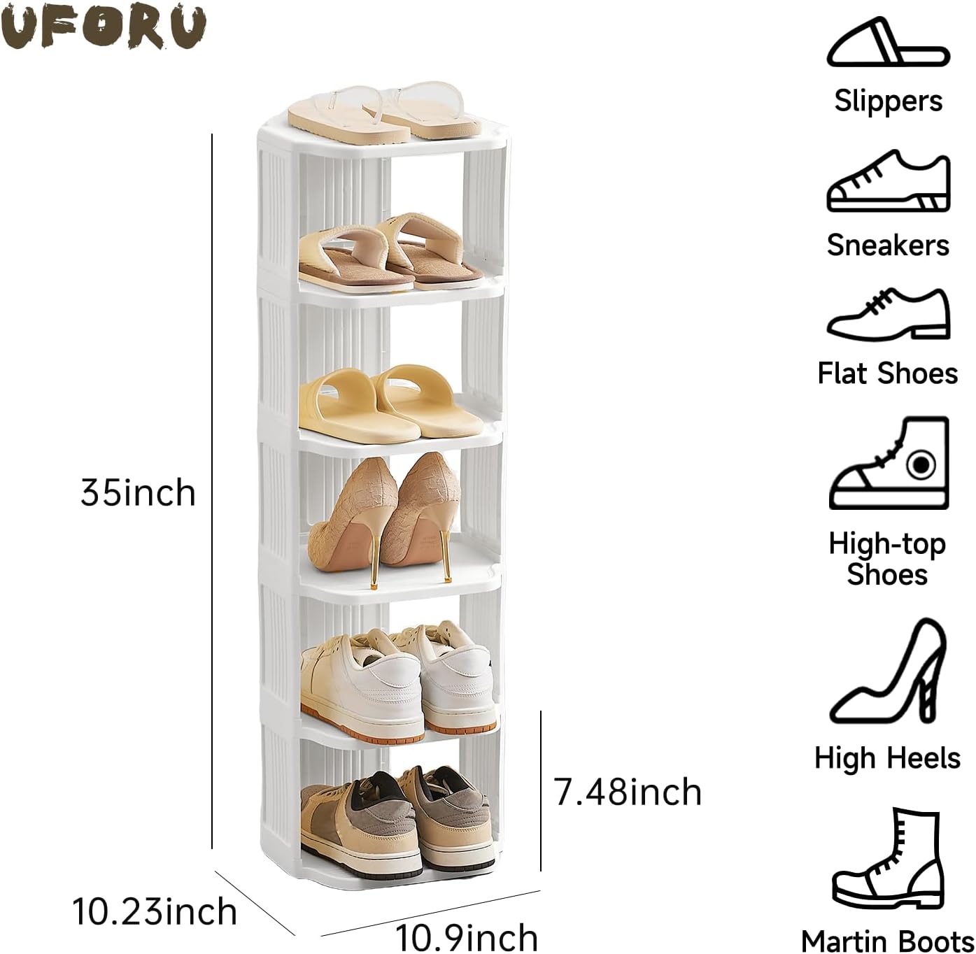 UFORU Small Shoe Rack, 5 Tier Plastic Vertical Shoe Rack for Small and Narrow Spaces, Free Standing Shoe Organizer for Closet, Entryway
