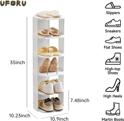 UFORU Small Shoe Rack, 5 Tier Plastic Vertical Shoe Rack for Small and Narrow Spaces, Free Standing Shoe Organizer for Closet, Entryway