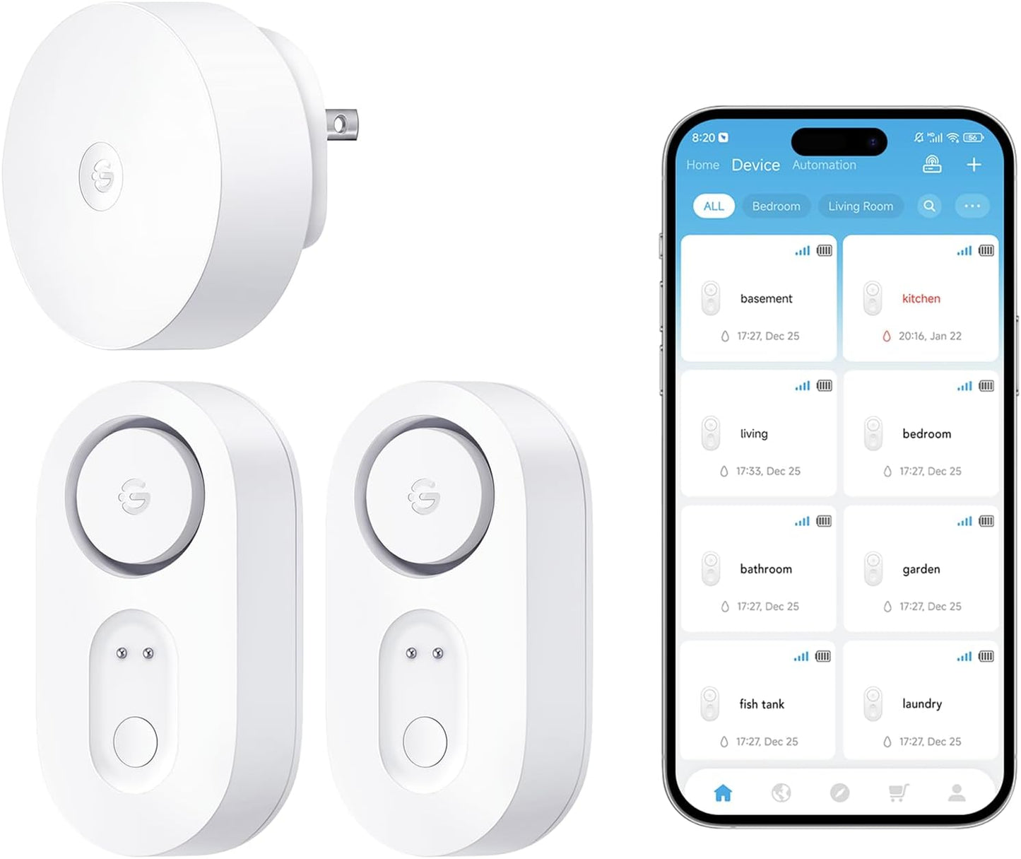 GoveeLife Upgraded Smart Water Leak Detector 1s with 1804 ft Ultra-Long Range, WiFi Water Sensor with SMS/Email/APP Push and Sound Alarm,5-Year Battery Life, 5 Pack, Suit for Home, Basement, Kitchen