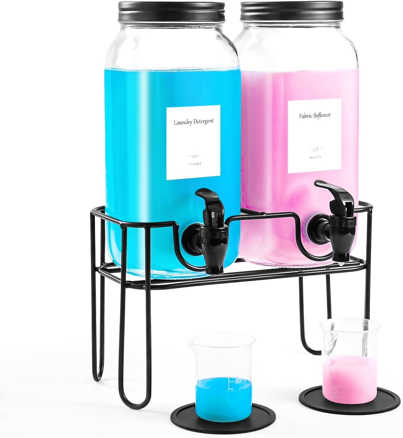 70OZ Laundry Detergent Dispenser with Stand, Liquid Laundry Soap Dispenser Set, Fabric Softener Dispenser for Laundry Room, 2 Pack