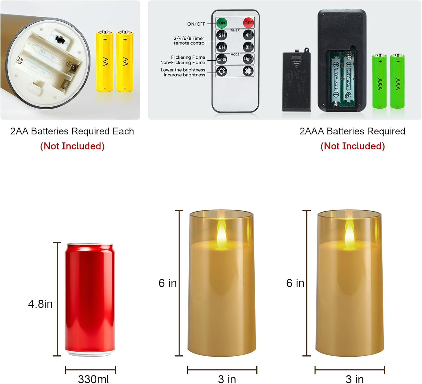 Raycare Flameless Electronic Pillar Candles with Remote Control and Timer- Battery Operated Realistic Flickering LED Fake Candle for Home, Wedding, Valentine's Day, Decor,White,Set of 2(3"x6"6")