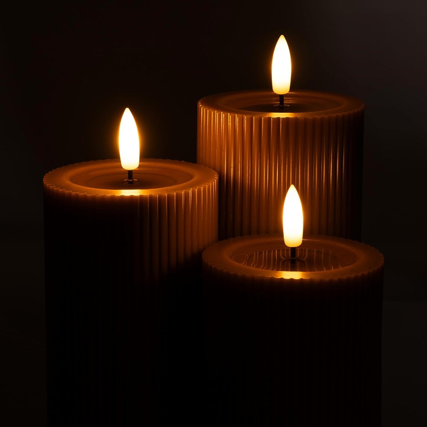 Fluted Ribbed LED Pillar Candles, Cream Beige, with Reflective Melted-Wax Effect – Flickering Flame, Remote, Dimmable, Flameless, Battery Operated, Home & Wedding Decor (Set of 3)