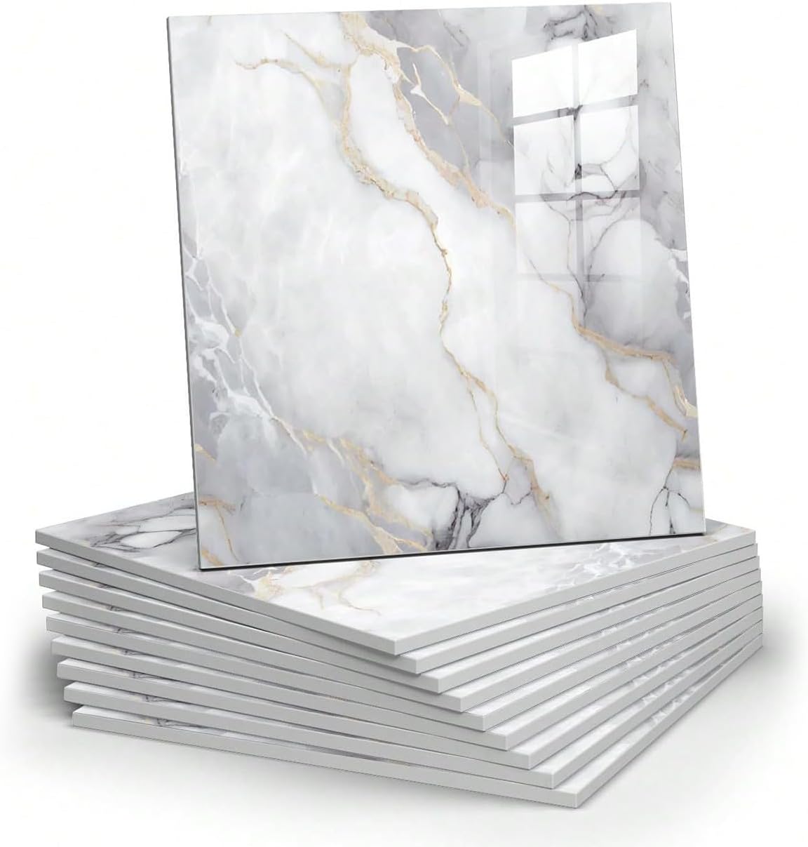 Chejiaye 10pcs Marble Peel and Stick Backsplash Waterproof Washroom Wall Panels, Peel and Stick Tile, PVC Foam Wall Panels for Kitchen,Bathroom,Living Room,Blue and Gold(Not Real Tile,11.8" x 11.8")